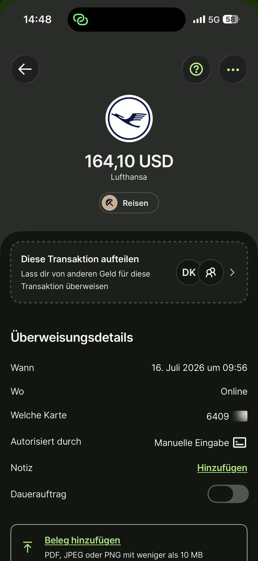 Kreditkartenabrechnung über 164,10 USD an Lufthansa für den Business-Class-Flug